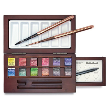Sada akvarelových barev Sennelier 12ks se štětcem a paletkou, dřevěná kazeta