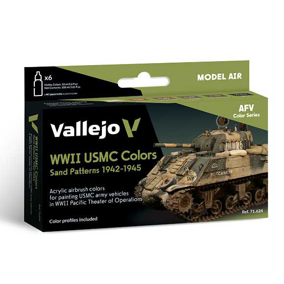 Sada barev pro airbrush Vallejo 6x18ml – WWII USMC Colors Sand Patterns 1945