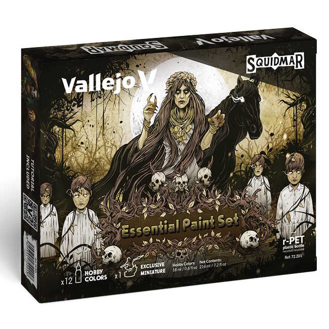 Sada modelářských barev Vallejo 12x18ml s figurkou – Essential Paint Set by Squidmar Miniatures